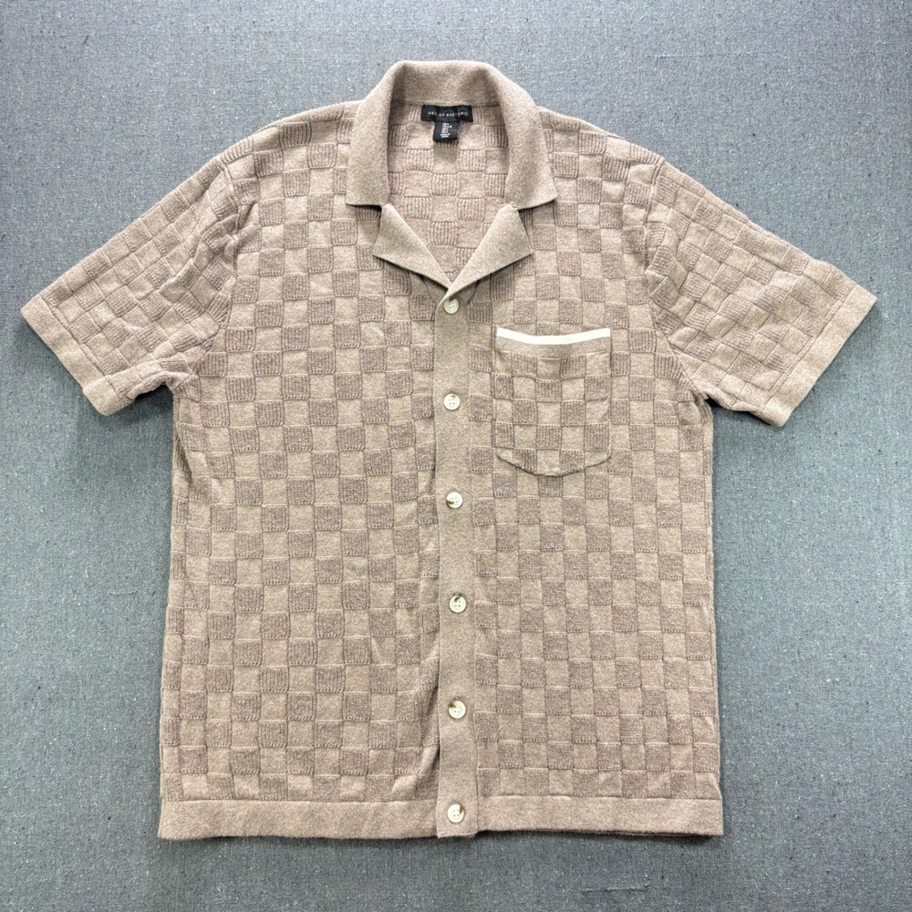 Art of Rhetoric Mens Large Tan Checkerboard Knit Short Sleeve Button Up Shirt - Picture 1 of 8